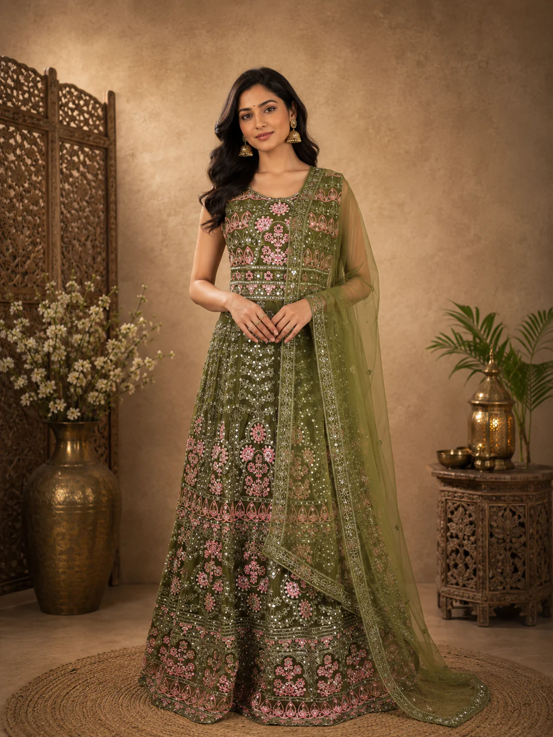 Olive Green Floral Thread Embroidered Design Net Bridesmaid Gown